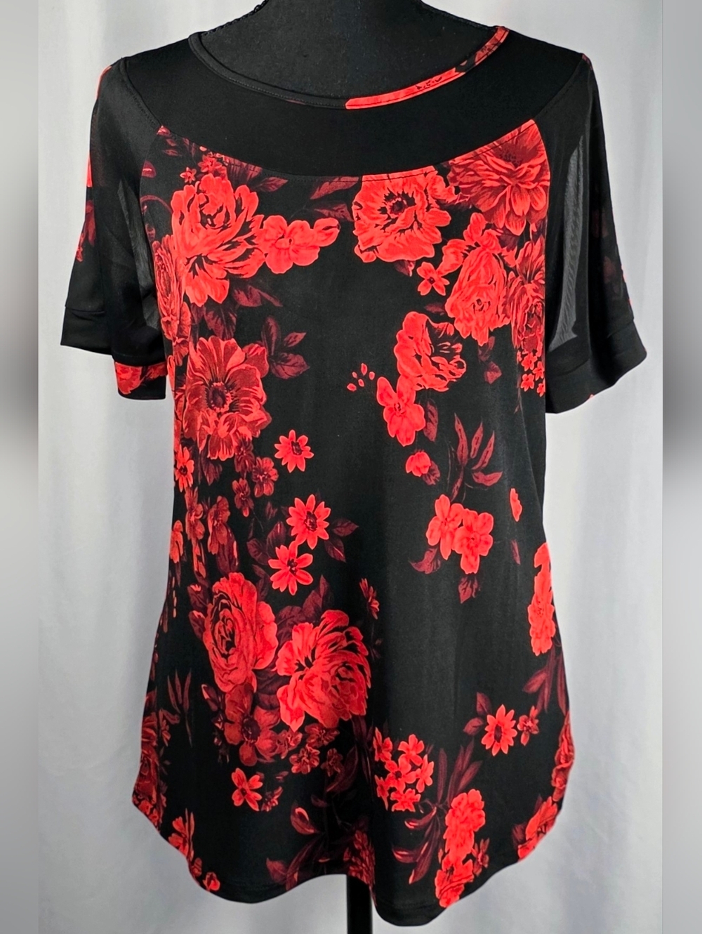 Atelier 29 Red Floral Blouse Sheer Yoke Black Top Womens Small